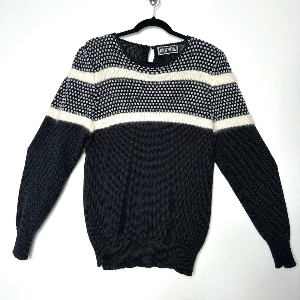 Vintage Angora Striped Puff Sleeve Sweater Metallic Crochet Retro Cozycore
